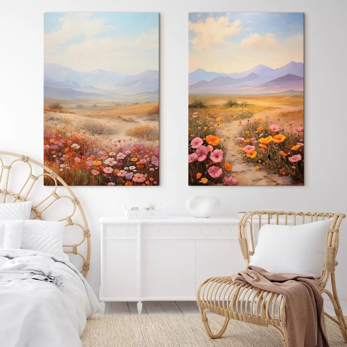 Tableau Paysage, champ de fleurs colorées avec des montagnes en arrière-plan, couleurs douces et pastel m01003