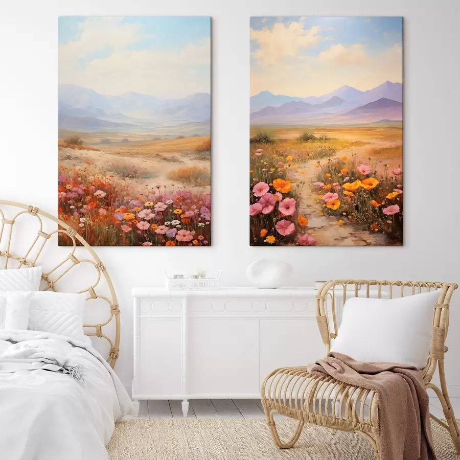 Tableau Paysage, champ de fleurs colorées avec des montagnes en arrière-plan, couleurs douces et pastel m01003