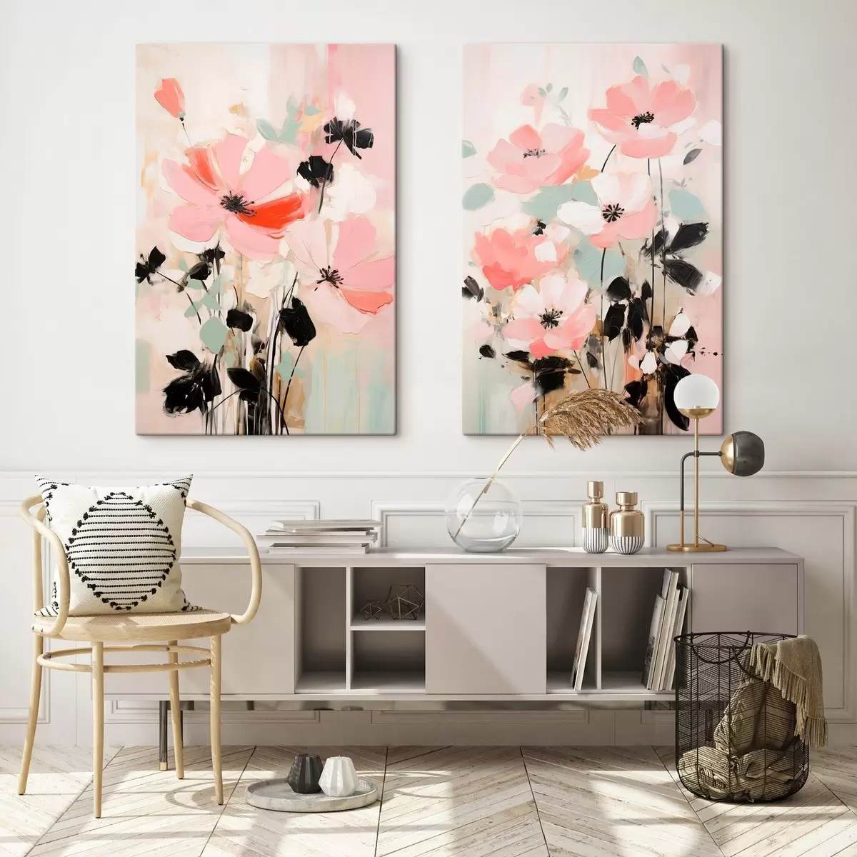 Tableau Fleurs roses et noires avec des feuilles, couleurs pastel douces, composition florale abstraite, art minimaliste m01004