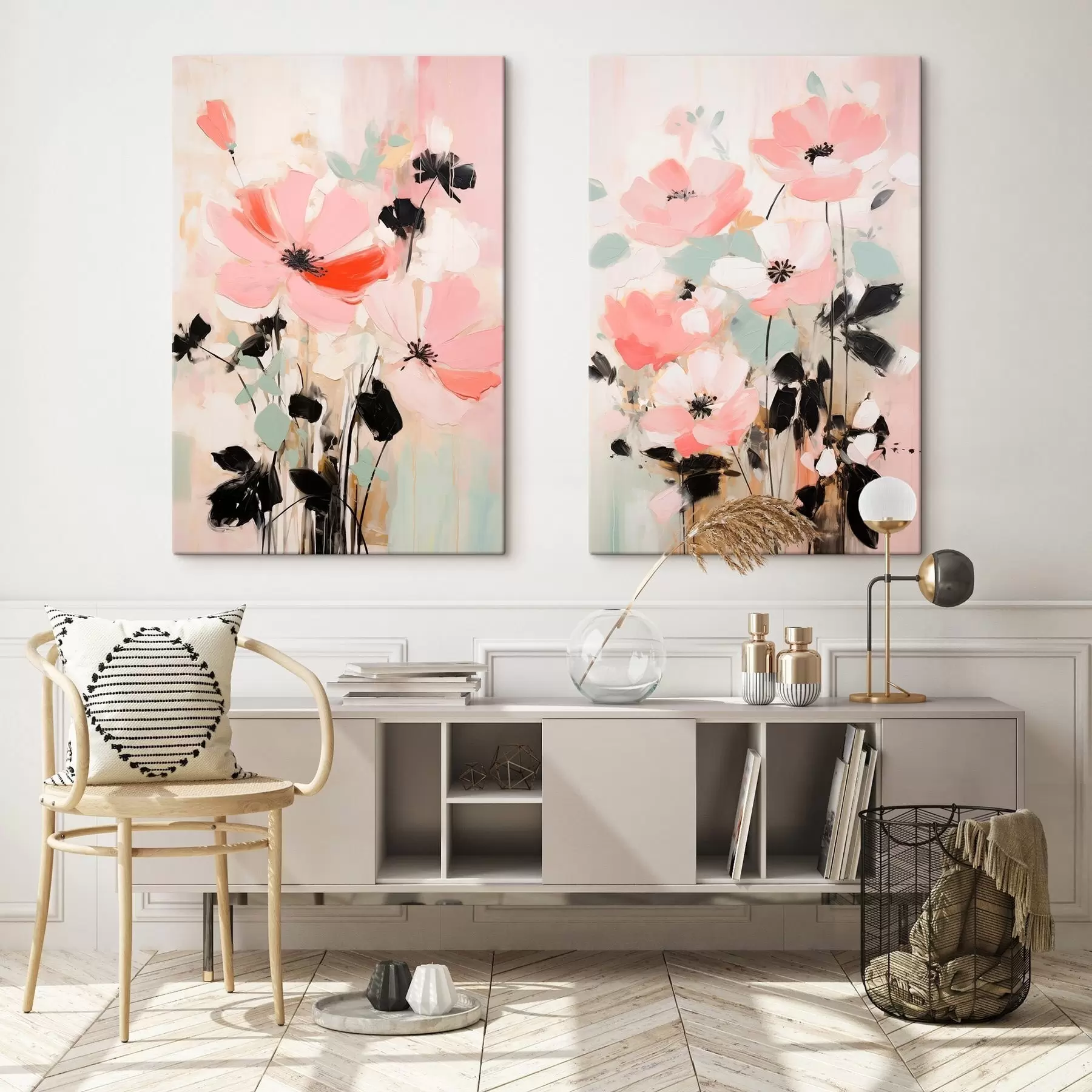 Tableau Fleurs roses et noires avec des feuilles, couleurs pastel douces, composition florale abstraite, art minimaliste m01004