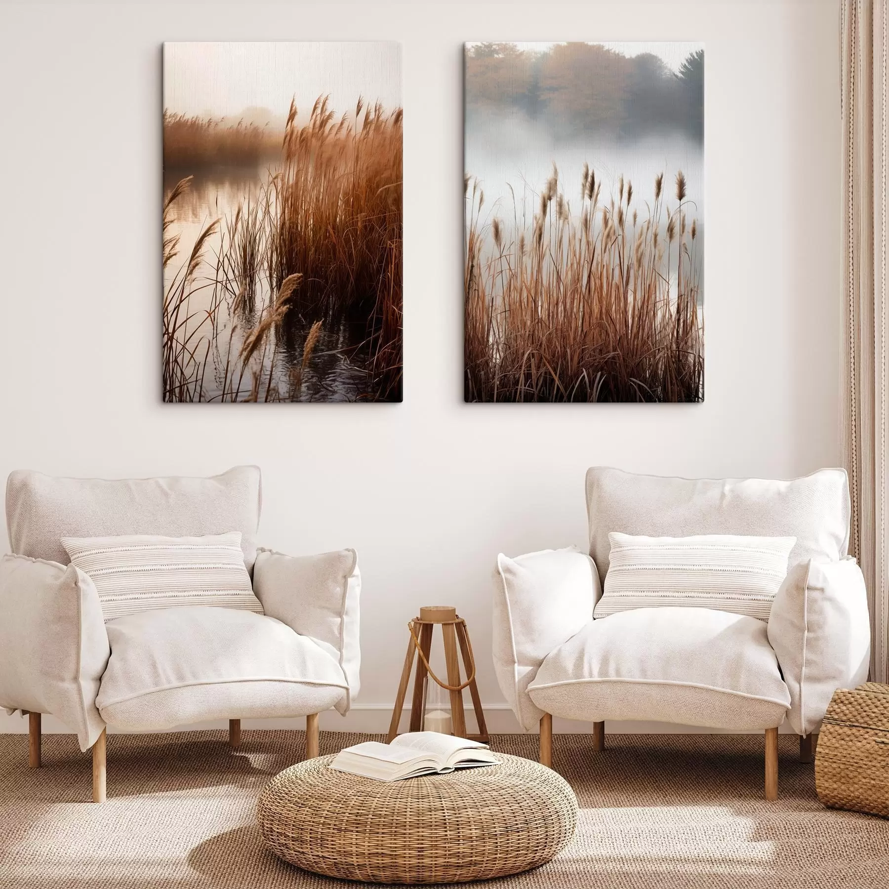 Papier peint De grands roseaux poussant dans un plan d'eau, l'eau reflète les roseaux, arrière-plan brumeux, lumière douce, scène naturelle m01008