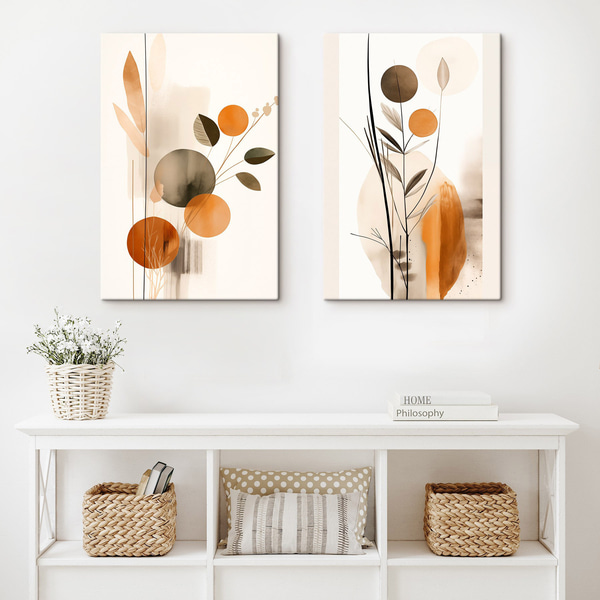 Tableaux Imitation de peinture abstraite avec des cercles orange et gris, des feuilles et des branches,, Tableaux abstraction, m01009 : Uwalls.fr
