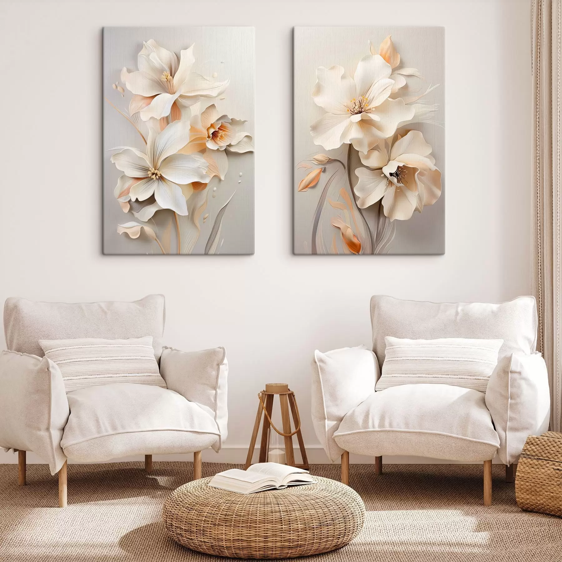 Tableau Fleurs blanches, pétales aux ombres douces, fond beige clair, composition élégante, style minimaliste m01010
