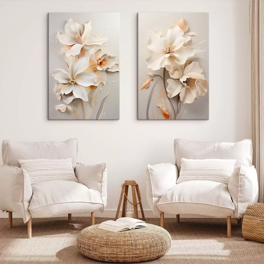 Tableau Fleurs blanches, pétales aux ombres douces, fond beige clair, composition élégante, style minimaliste m01010