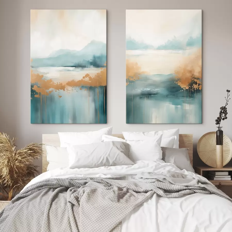 Tableau Paysage abstrait avec montagnes et lac dans des tons bleu sarcelle et jaune texturé, coups de pinceau doux, œuvre minimaliste m01012