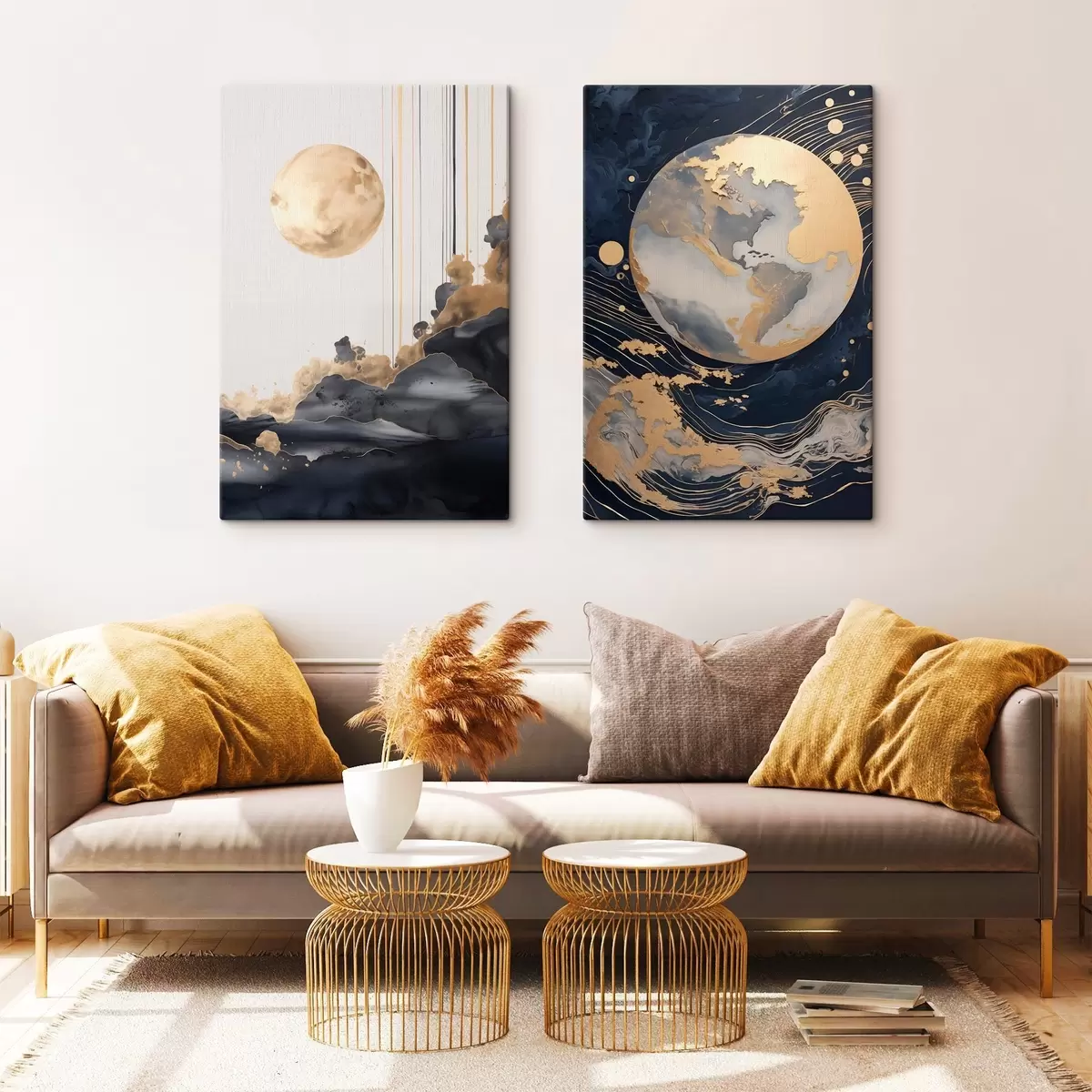 Tableau Planète décorative texturée dans l'espace avec des lignes et des points jaunes, style abstrait, minimaliste et moderne m01014