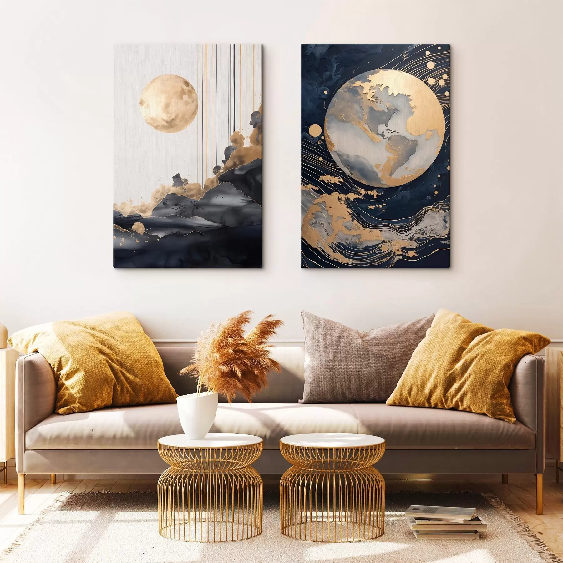 Tableau Planète décorative texturée dans l'espace avec des lignes et des points jaunes, style abstrait, minimaliste et moderne m01014