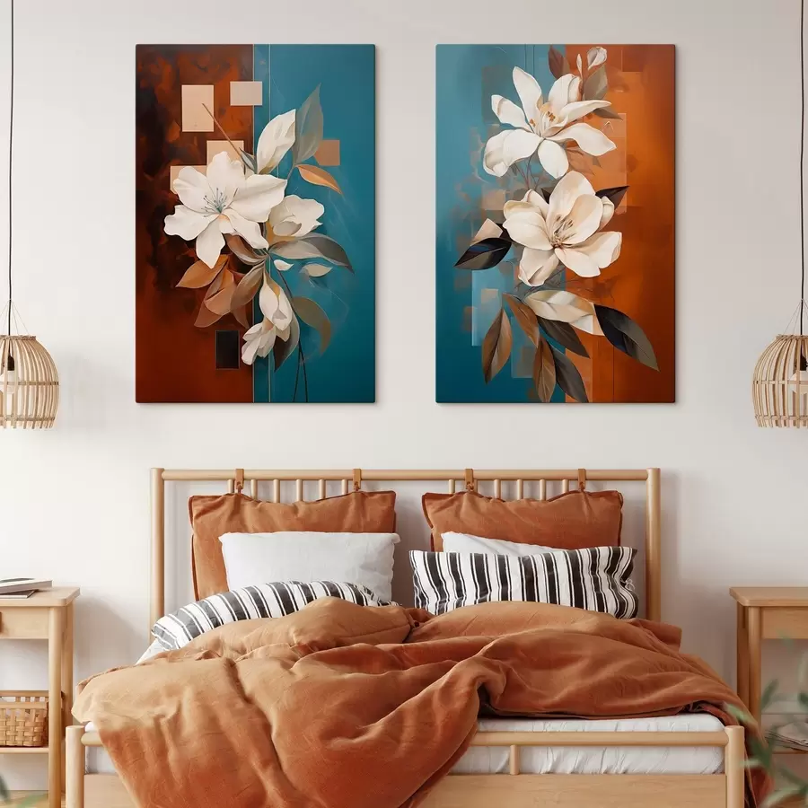 Tableau Fleurs et feuilles blanches abstraites sur fond brun et bleu avec des formes abstraites, dans un style minimaliste. m01015