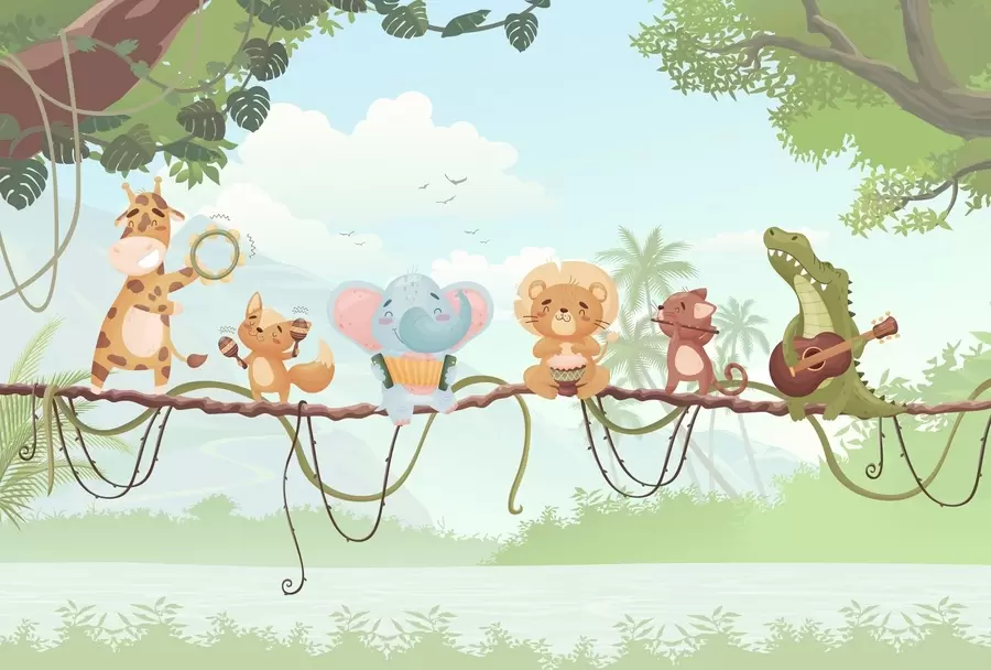 Papier peint Animaux avec des instruments de musique dans un paysage tropical w04505
