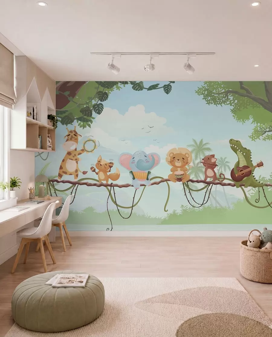 Papier peint Animaux avec des instruments de musique dans un paysage tropical w04505