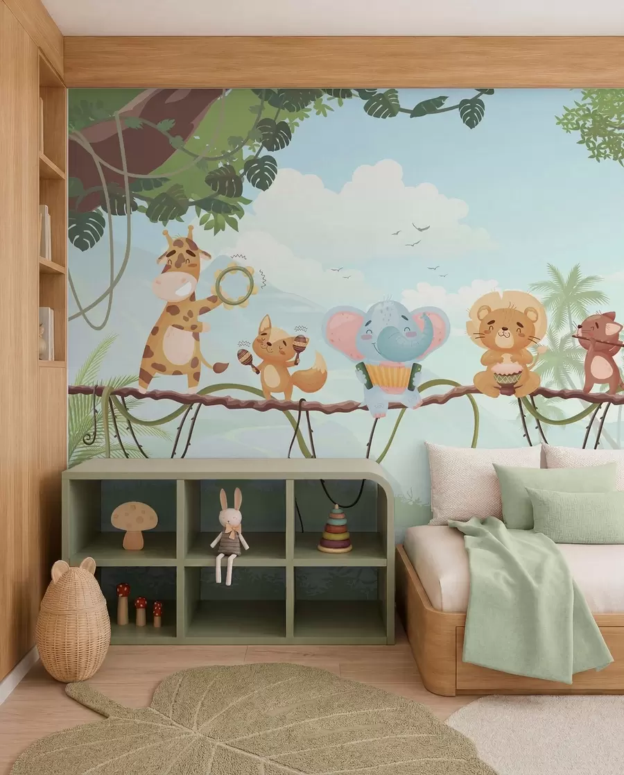 Papier peint Animaux avec des instruments de musique dans un paysage tropical w04505