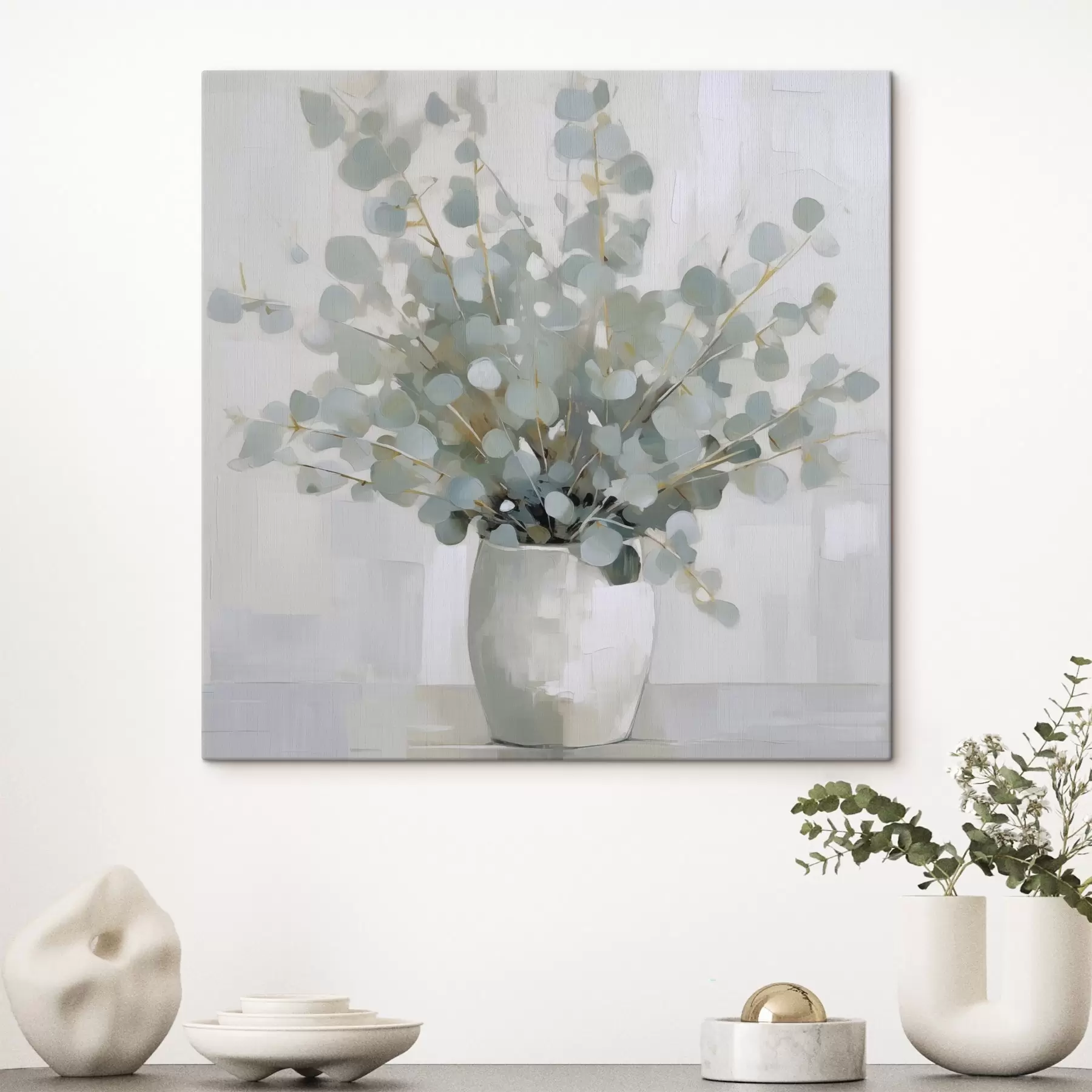Tableau Branches d'eucalyptus dans un vase, peinture imitation s46713