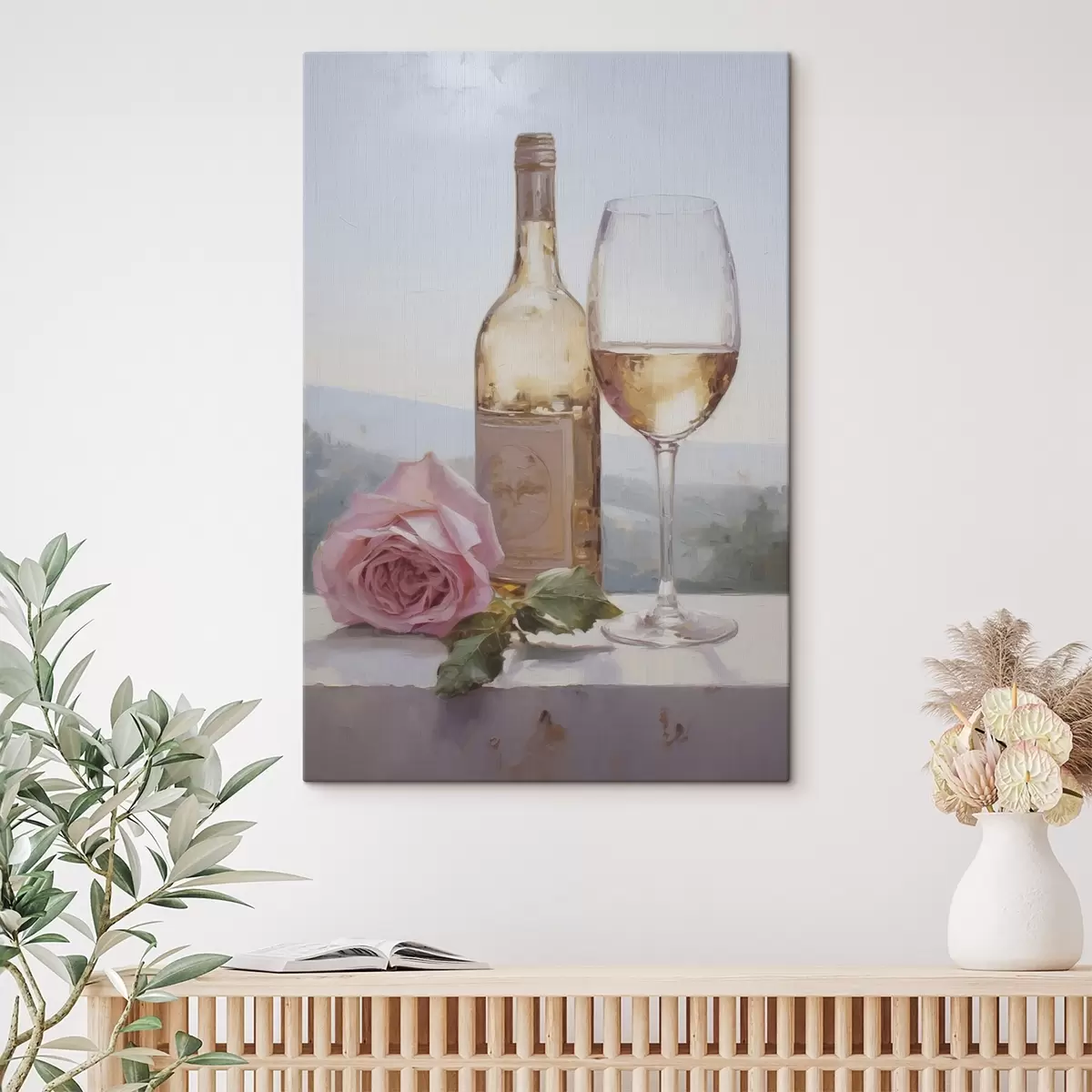 Tableau Une bouteille et un verre de vin, ainsi qu'un petit chien portant des lunettes, imitation peinture s46721