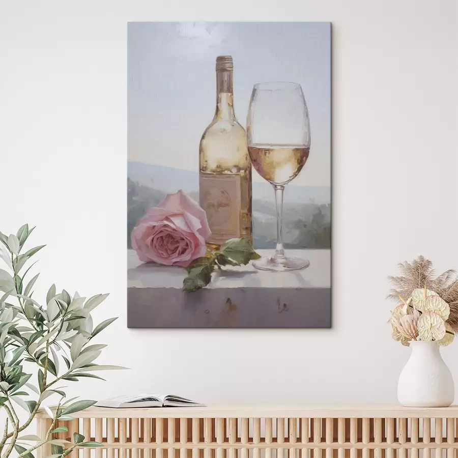 Tableau Une bouteille et un verre de vin, ainsi qu'un petit chien portant des lunettes, imitation peinture s46721