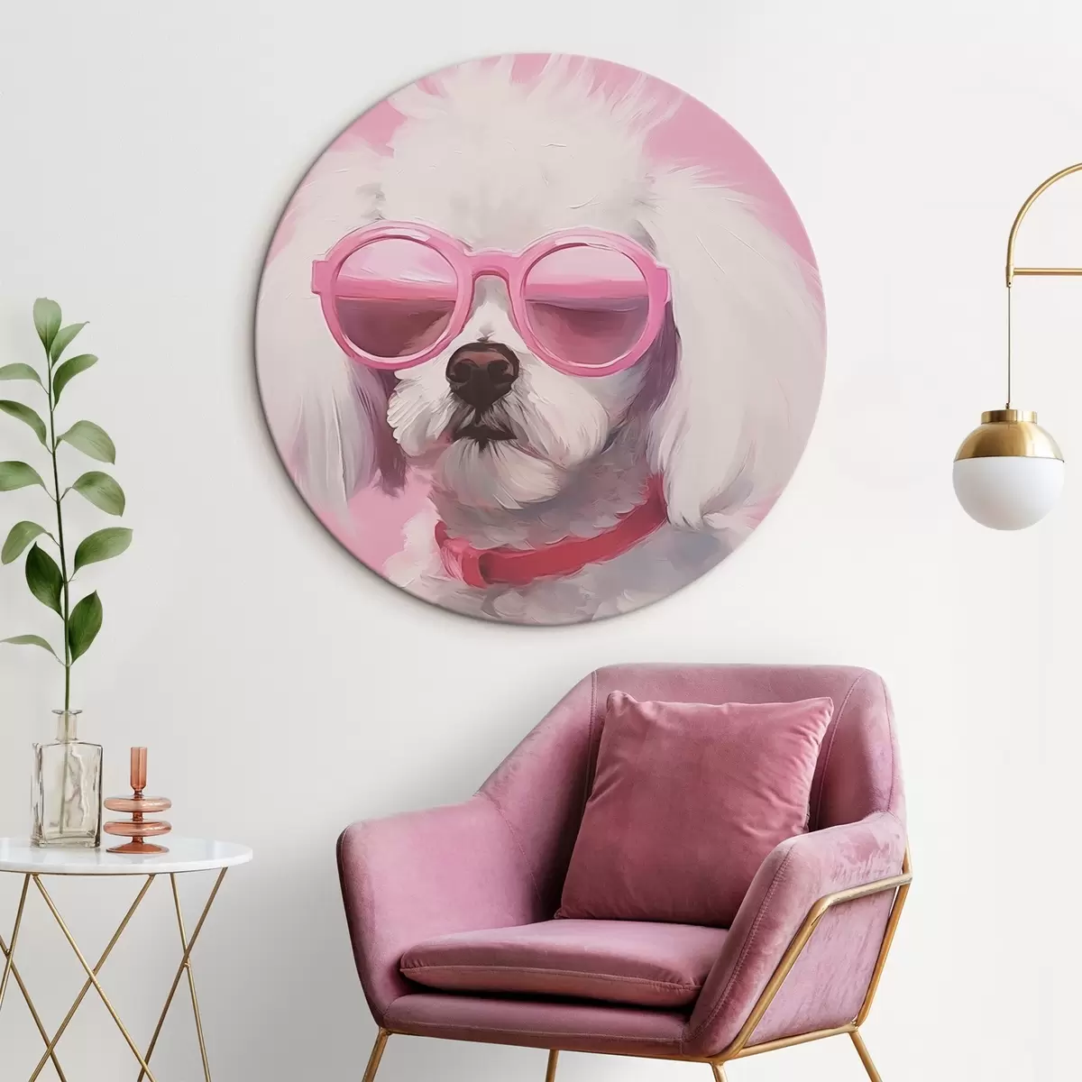 Tableaux rondes Un petit chien portant des lunettes est une imitation de peinture. r46722