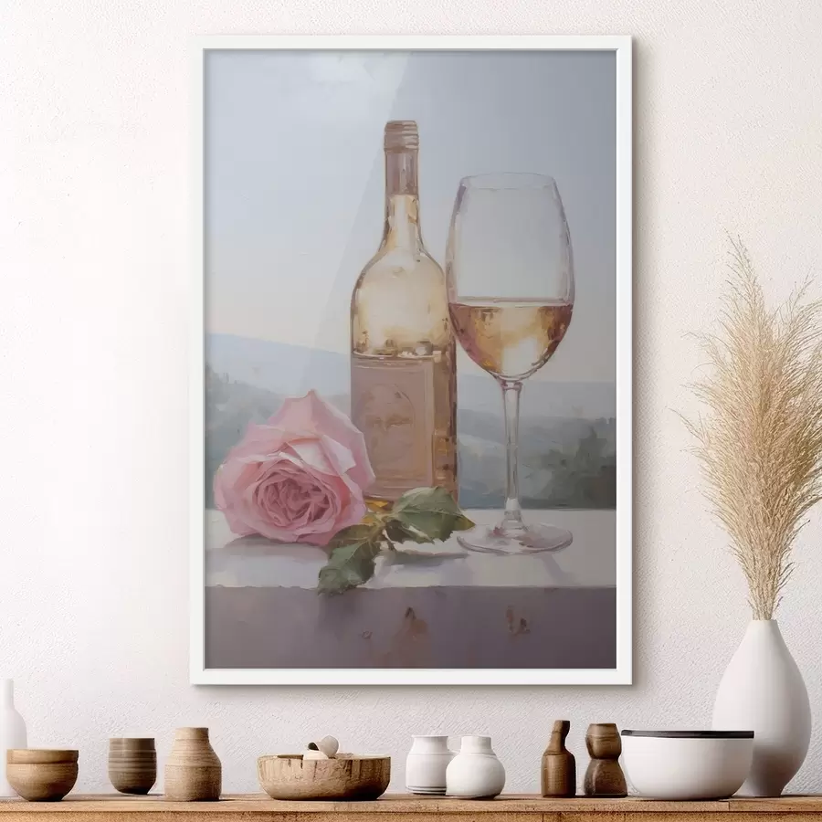 Papier peint Une bouteille et un verre de vin, ainsi qu'un petit chien portant des lunettes, imitation peinture f46721