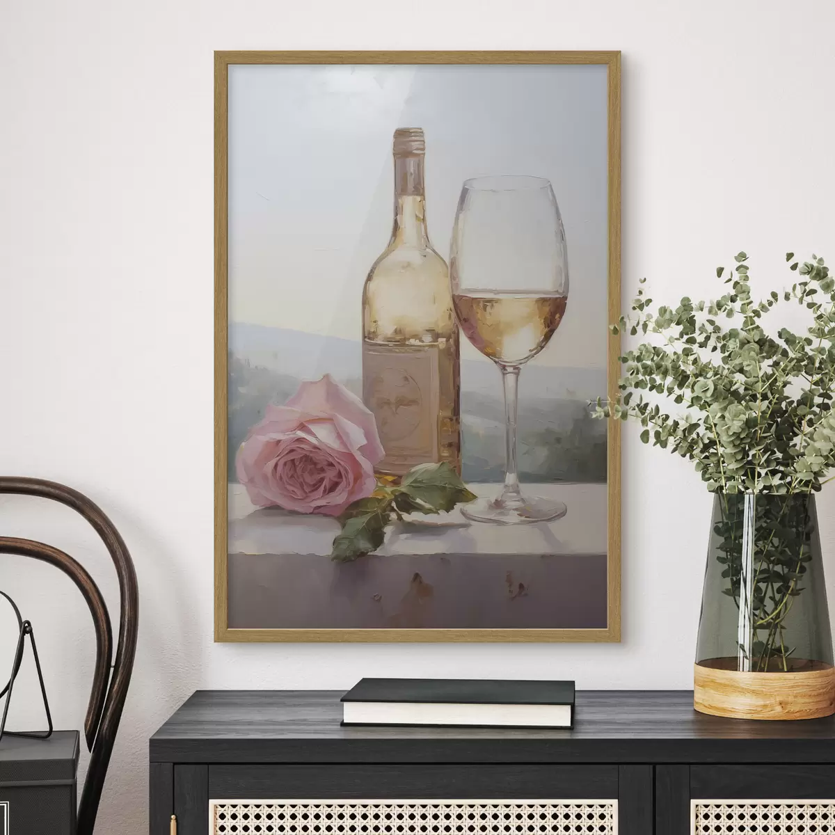 Poster Une bouteille et un verre de vin, ainsi qu'un petit chien portant des lunettes, imitation peinture f46721