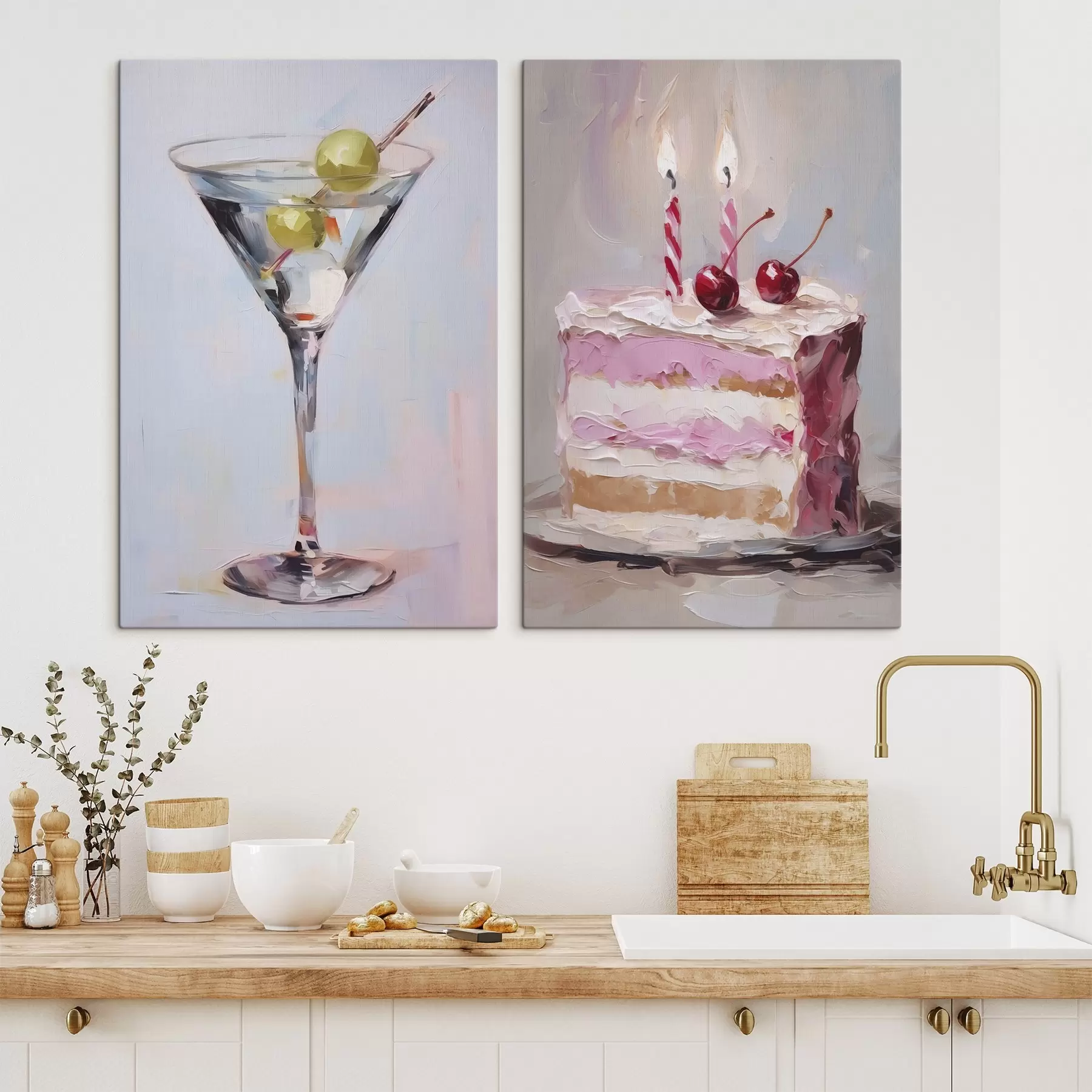 Tableau Une peinture représentant un verre avec une boisson et un morceau de gâteau m01019