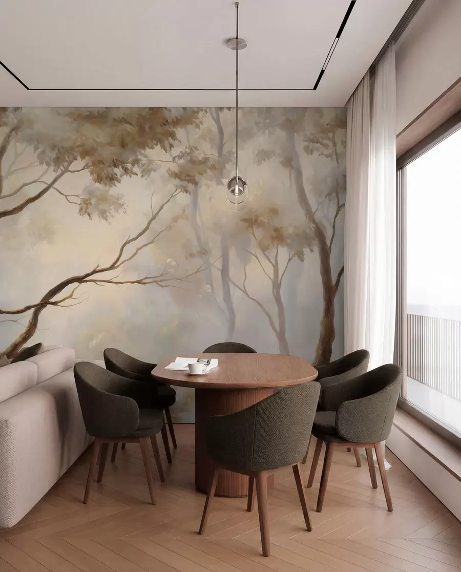 Papier peint La forêt dans la brume légère du matin. Une peinture atmosphérique délicate dans le style d'un paysage artistique w04817