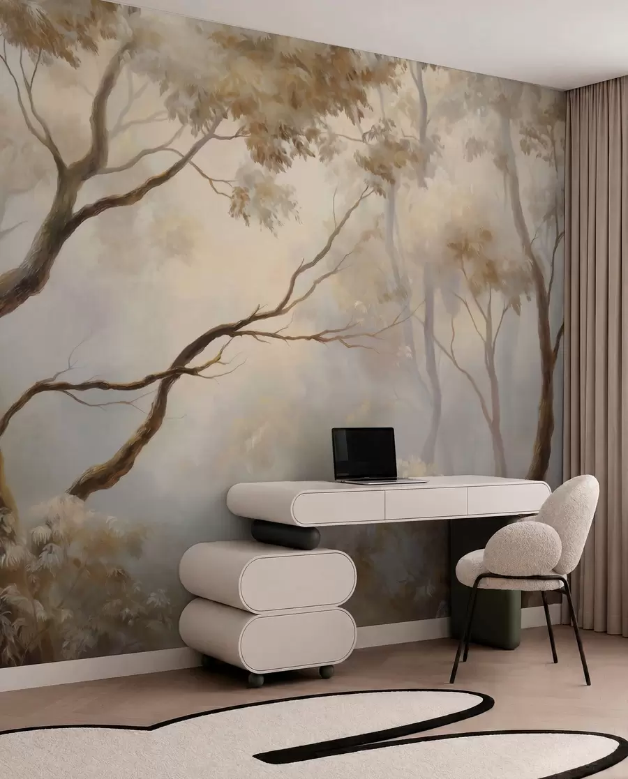 Papier peint La forêt dans la brume légère du matin. Une peinture atmosphérique délicate dans le style d'un paysage artistique w04817