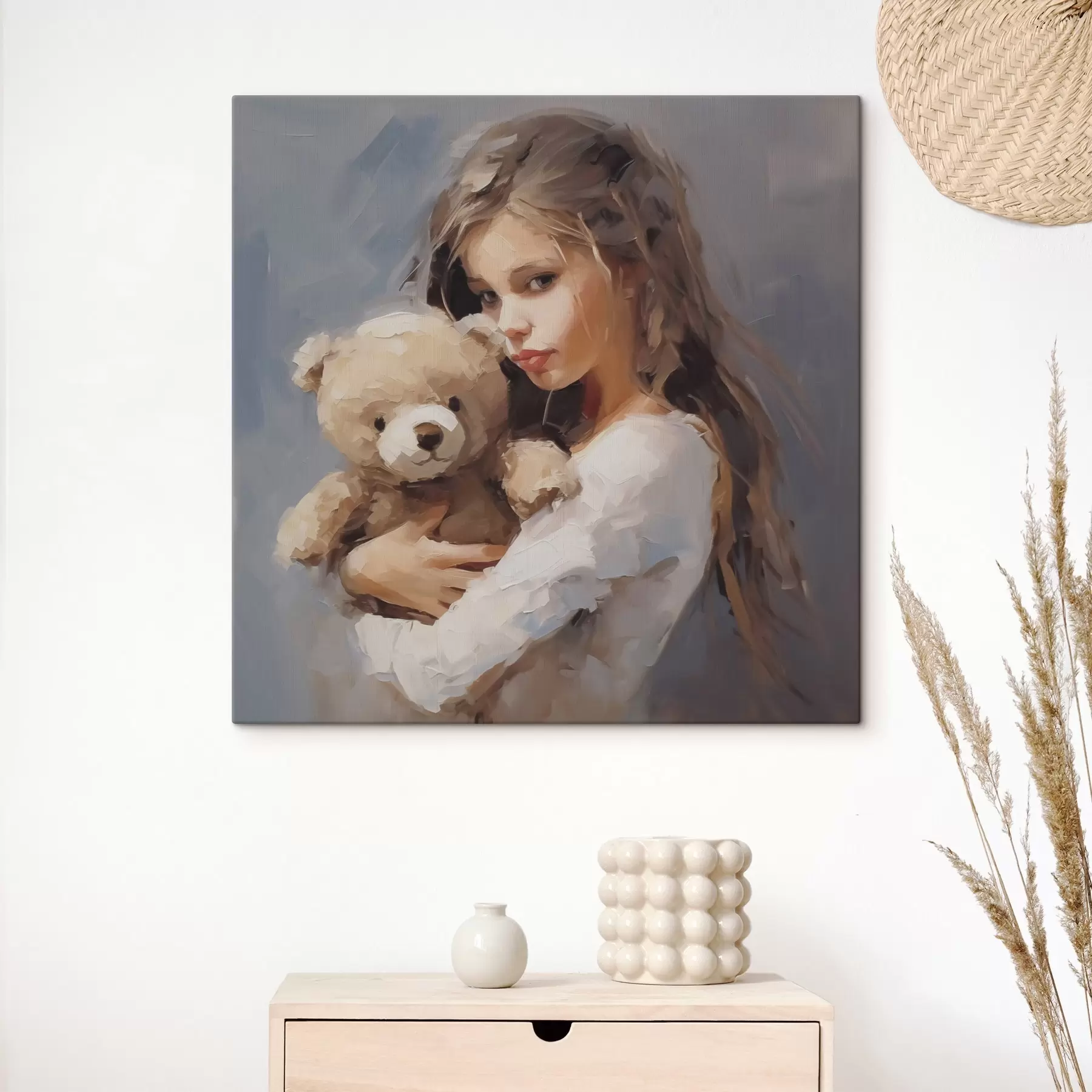 Tableau Fille avec un ours en peluche, imitation de peinture s46746
