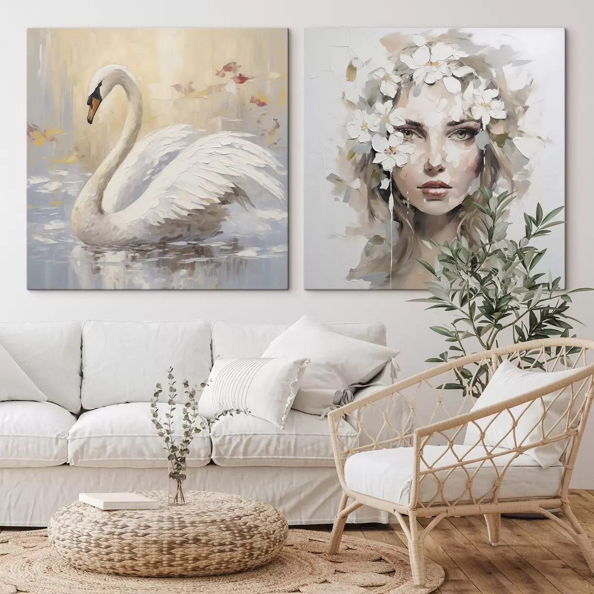 Tableau Cygne et portrait d'une jeune fille, imitation de peinture m01030