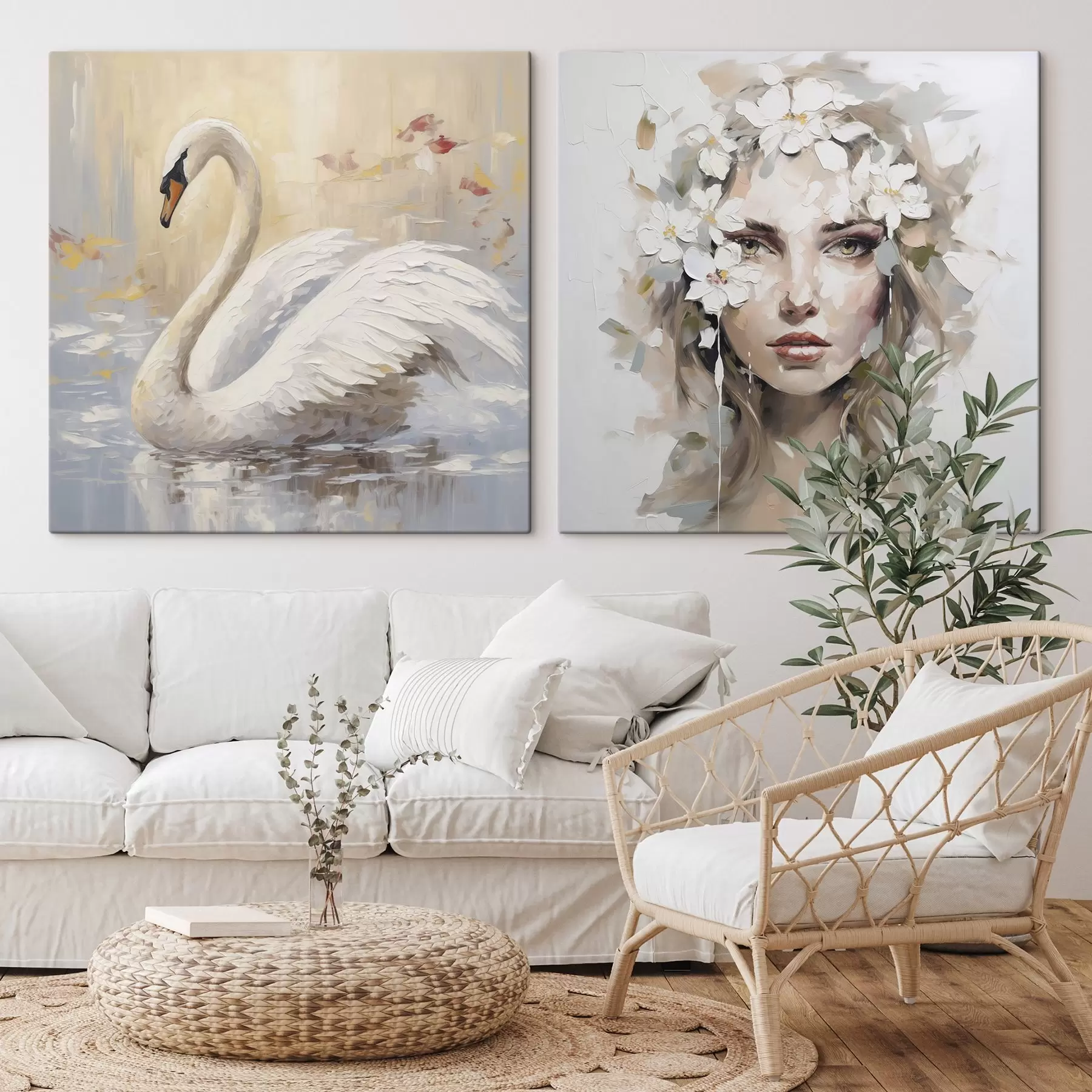 Tableau Cygne et portrait d'une jeune fille, imitation de peinture m01030