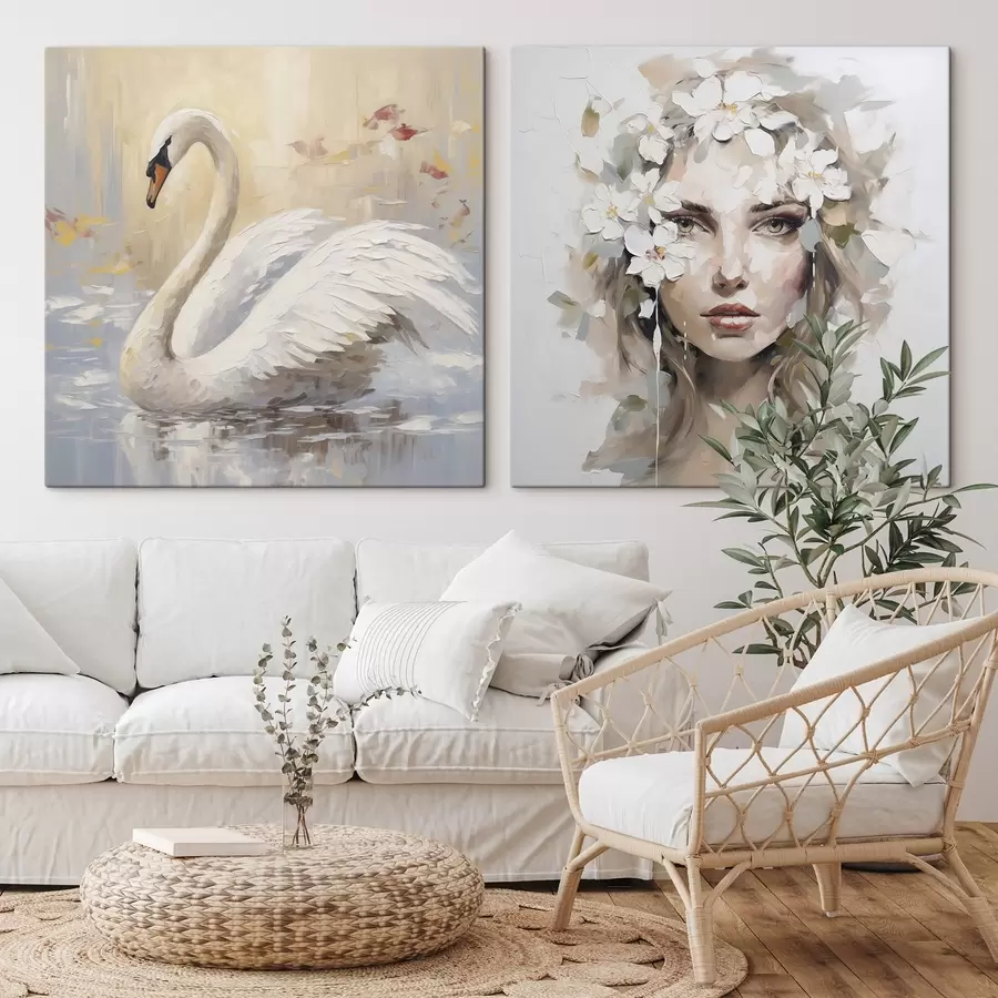 Tableau Cygne et portrait d'une jeune fille, imitation de peinture m01030