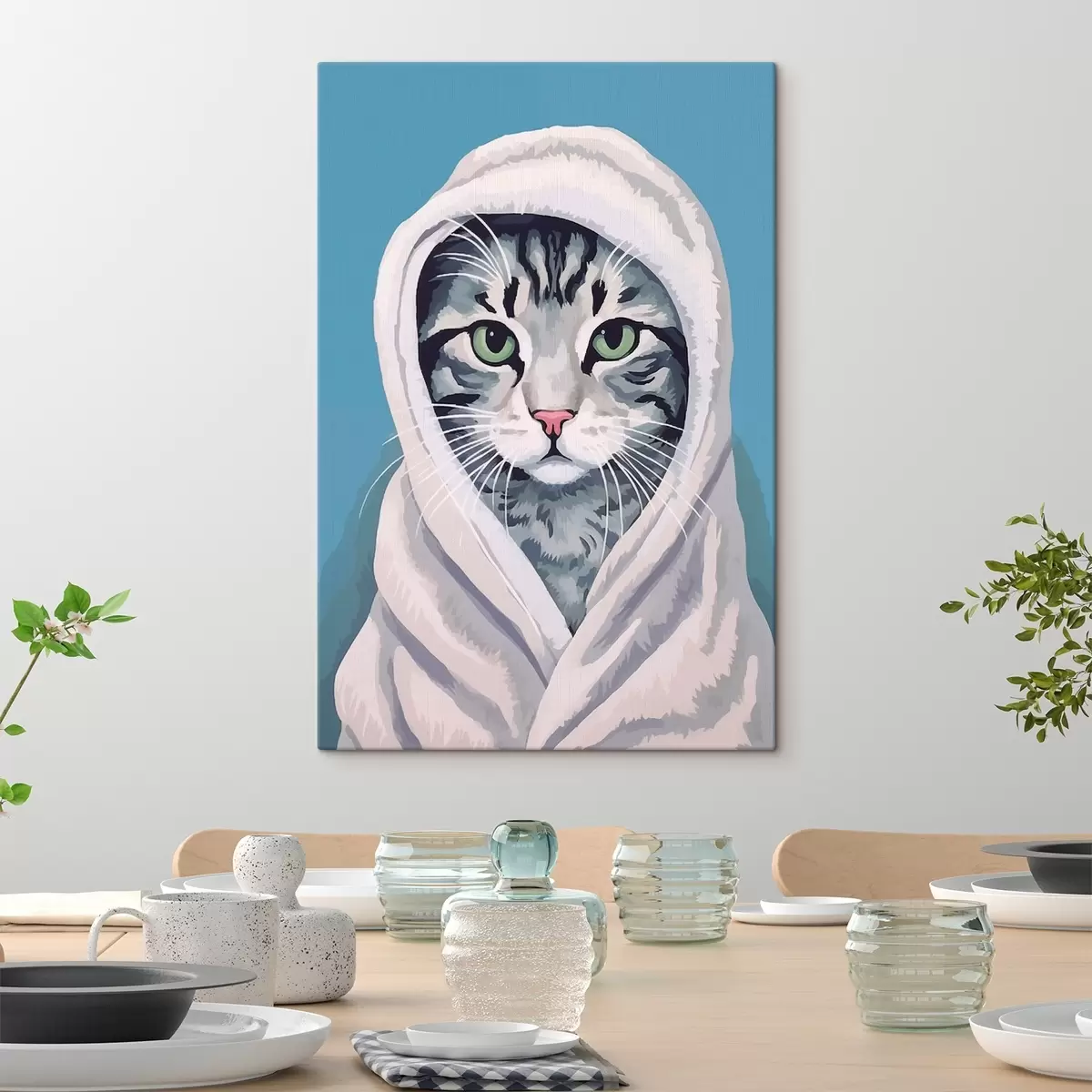 Tableau Chat rayé dans une serviette blanche s46740