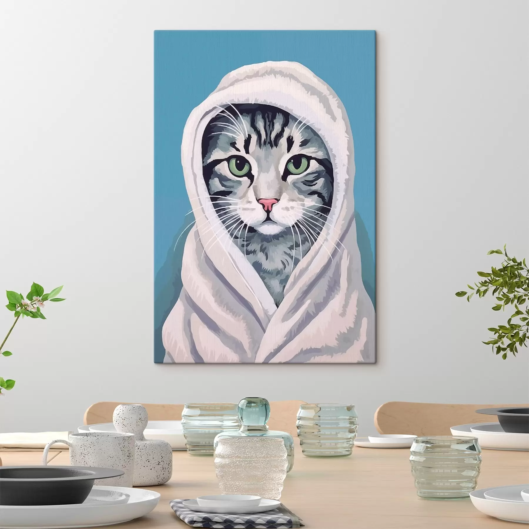 Tableau Chat rayé dans une serviette blanche s46740