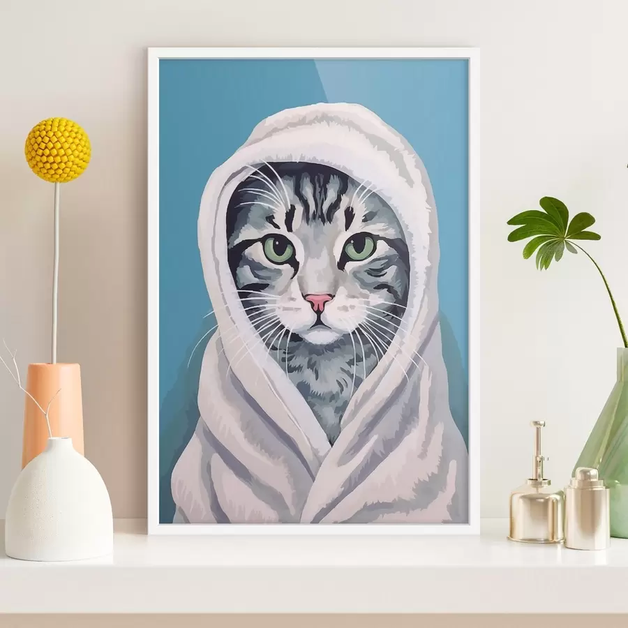 Papier peint Chat rayé dans une serviette blanche f46740
