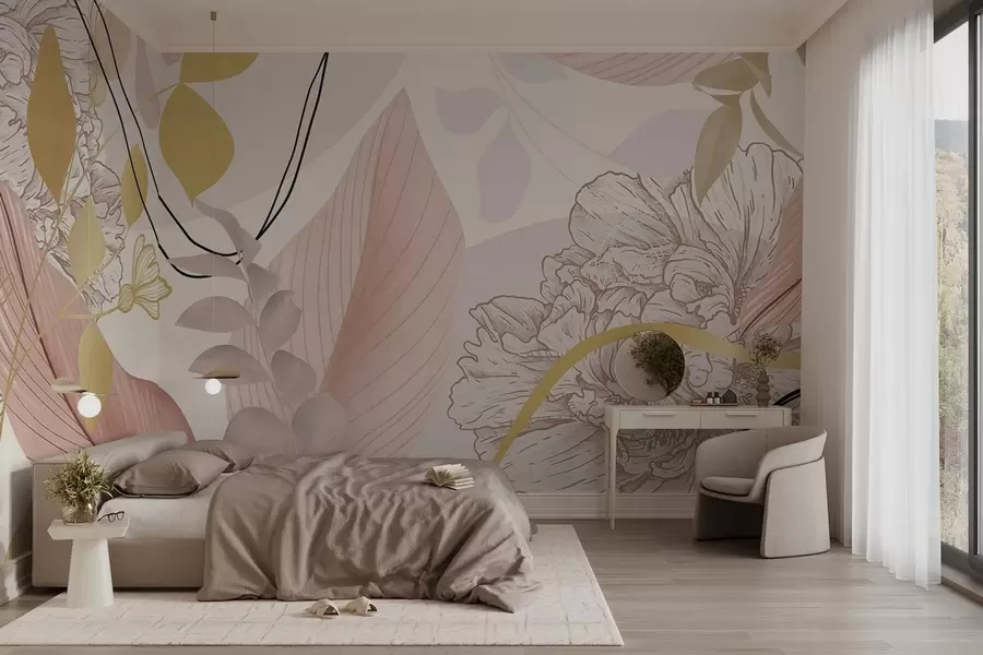 Papier peint Imprimé floral abstrait avec de grandes feuilles dans des tons de rose pâle, jaune avec de fines lignes noires et des contours floraux blancs. w09544v1