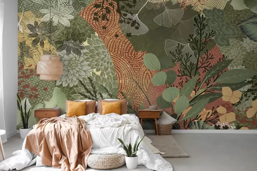 Papier peint Collage abstrait texturé d'éléments botaniques avec des feuilles, des fleurs et des textures organiques, dans des tons de vert et de brun w09545