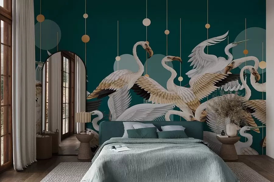 Papier peint Une volée de flamants roses aux ailes délicates, sur fond bleu sarcelle foncé avec des lignes et des cercles jaunes w09546