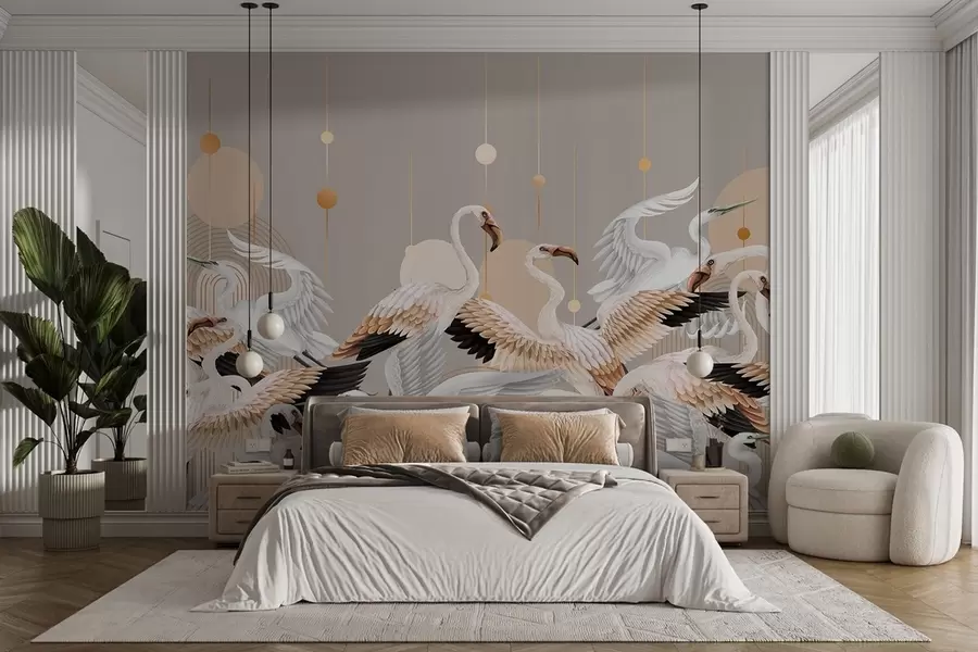 Papier peint Un groupe de flamants roses blancs aux ailes délicates, sur un fond neutre avec des lignes et des cercles jaunes w09546v1
