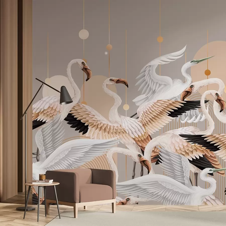 Papier peint Un groupe de flamants roses blancs aux ailes délicates, sur un fond neutre avec des lignes et des cercles jaunes w09546v1
