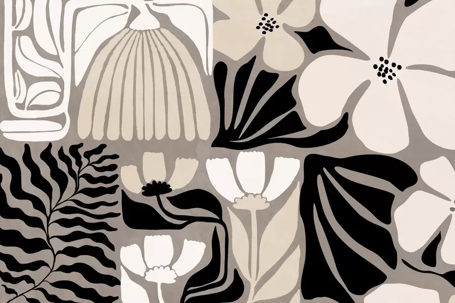 Papier peint Fleurs et feuilles stylisées modernes et minimalistes, dans des tons beige, noir et blanc, texturées sur fond gris w09547