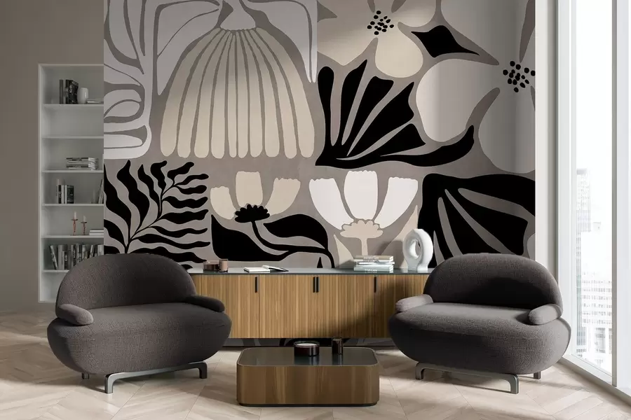 Papier peint Fleurs et feuilles stylisées modernes et minimalistes, dans des tons beige, noir et blanc, texturées sur fond gris w09547