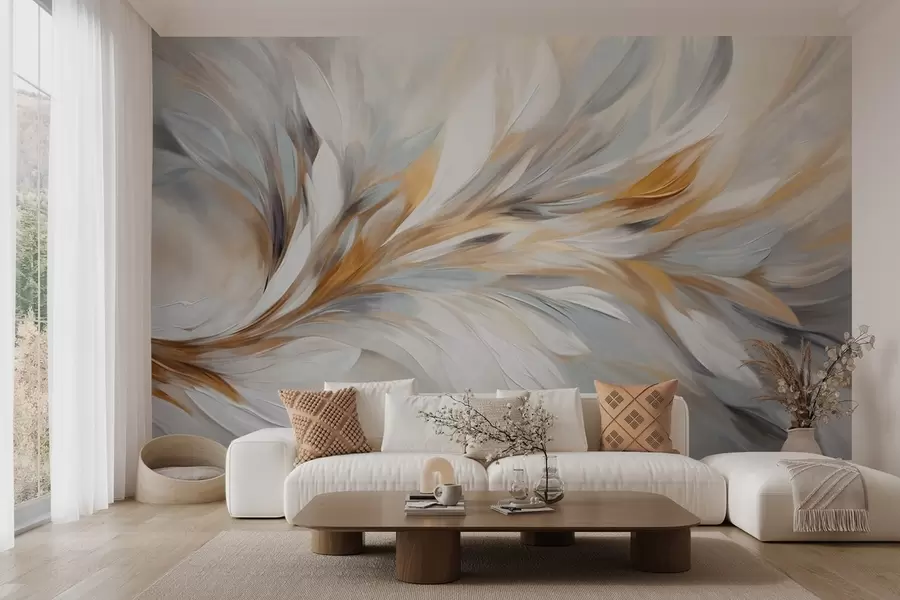 Papier peint Style de peinture abstraite avec des coups de pinceau texturés blancs, jaunes et gris sur un fond doux et clair. w09552