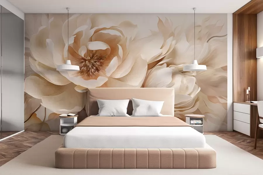 Papier peint Pivoines à la texture crémeuse avec un cœur brun et des feuilles sur un fond abstrait flou et clair w09554
