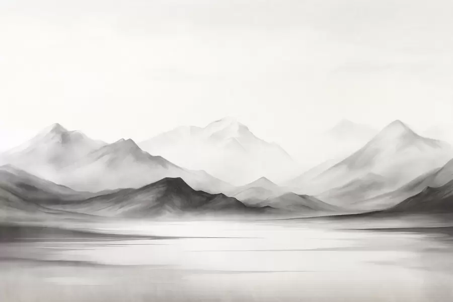 Papier peint Paysage monochrome texturé avec des montagnes brumeuses et un lac au premier plan w09555