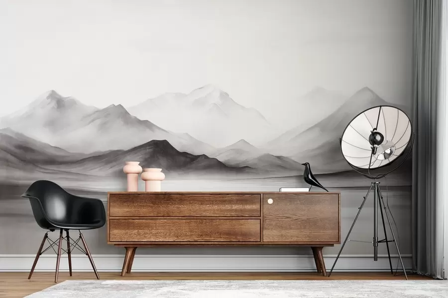 Papier peint Paysage monochrome texturé avec des montagnes brumeuses et un lac au premier plan w09555