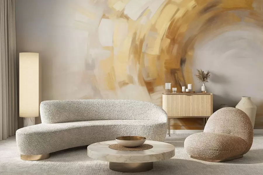 Papier peint Imitation de peinture abstraite avec des coups de pinceau texturés circulaires en jaune et blanc, créant une impression de mouvement w09558