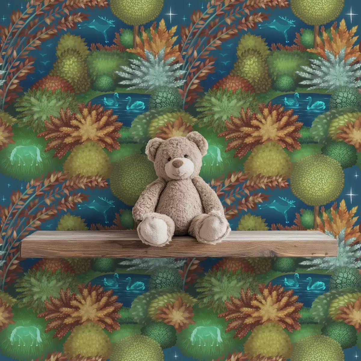 Papier peint Jardin féérique nocturne avec un lac et des animaux lumineux a00851