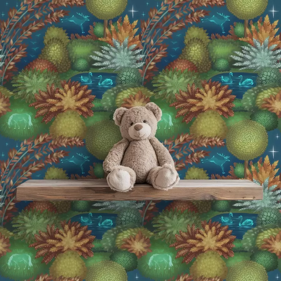 Papier peint Jardin féérique nocturne avec un lac et des animaux lumineux a00851