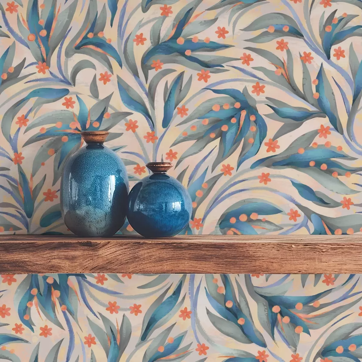 Papier peint Feuillage bleu abstrait avec fleurs corail a00852