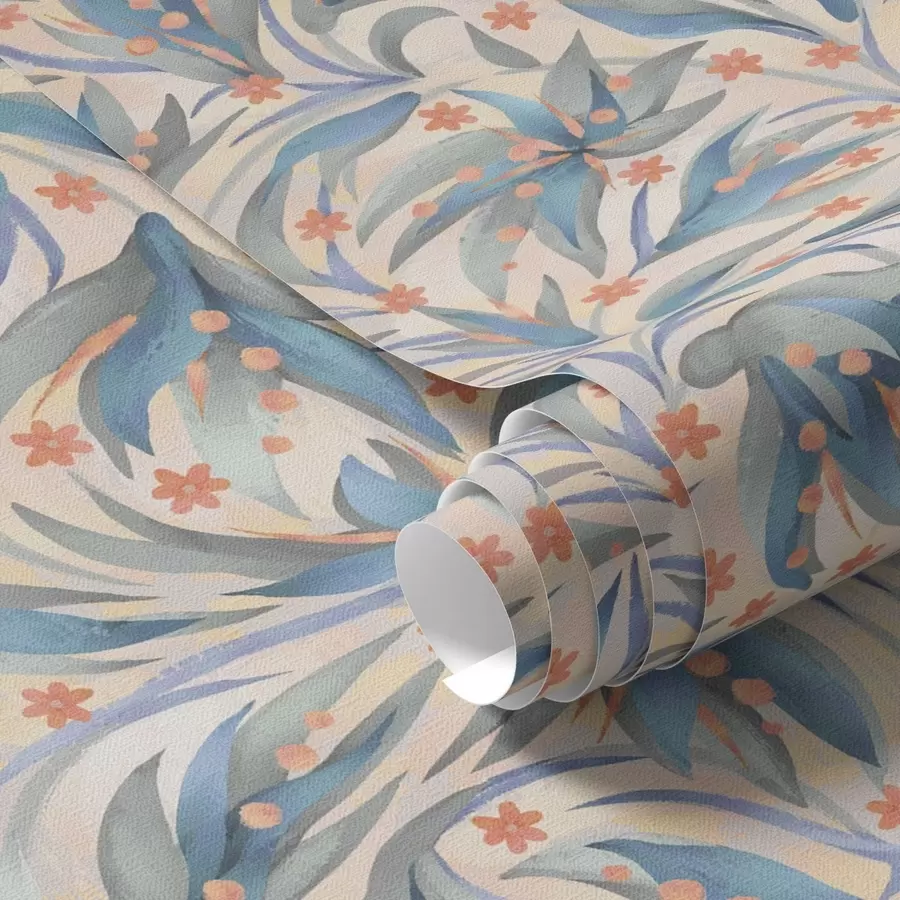 Papier peint Feuillage bleu abstrait avec fleurs corail a00852