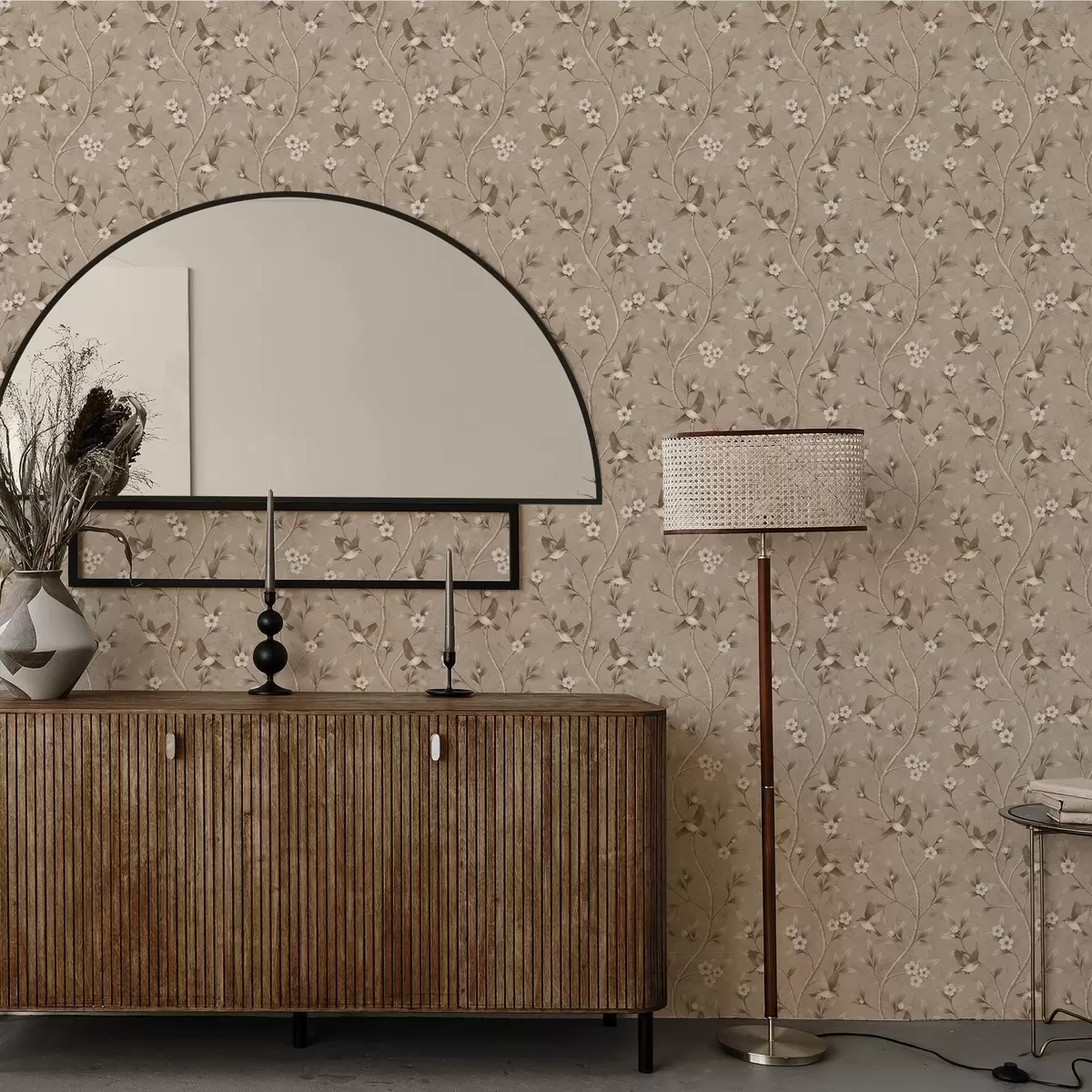 Papier peint Oiseaux et branches fleuries dans des tons sépia chauds a00882