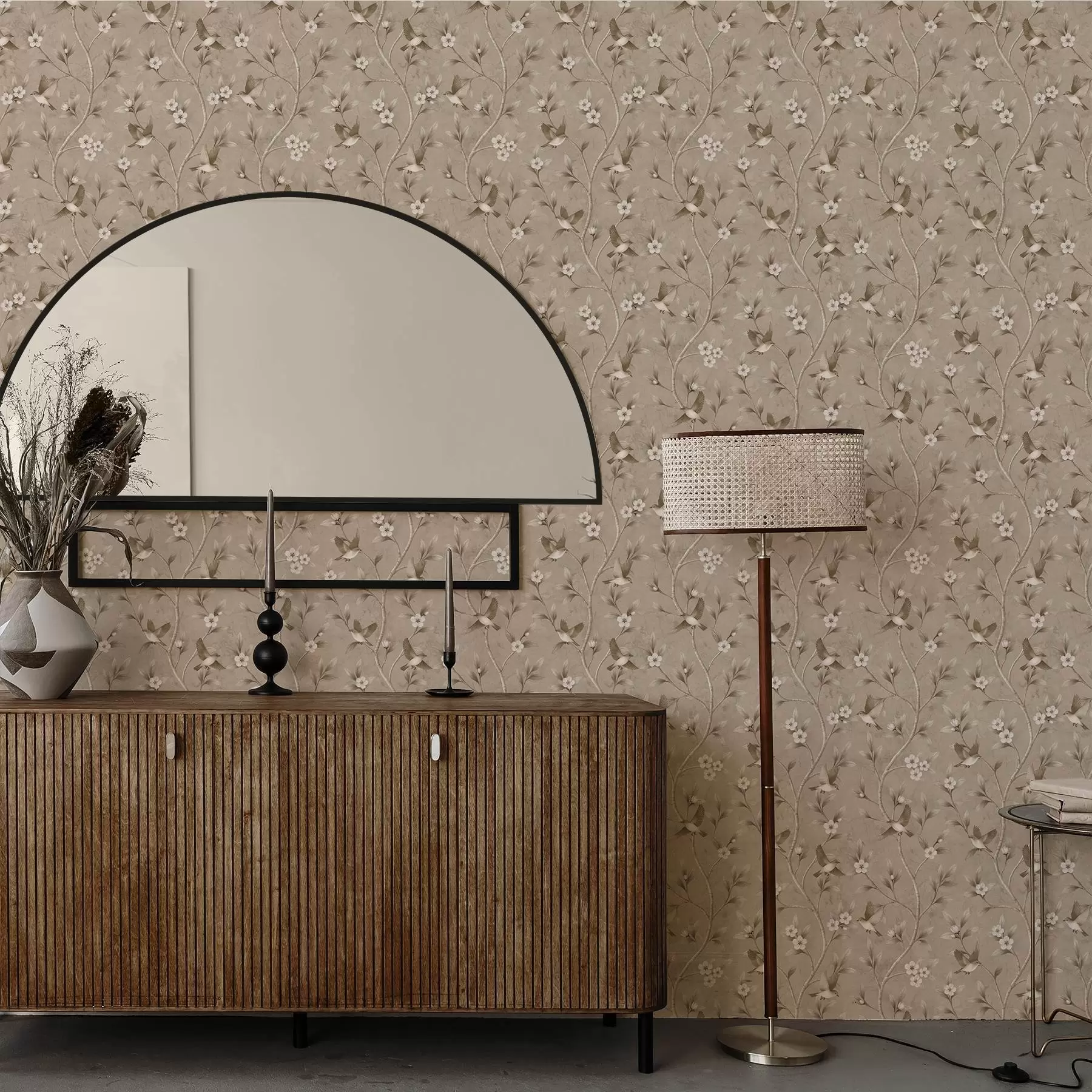 Papier peint Oiseaux et branches fleuries dans des tons sépia chauds a00882