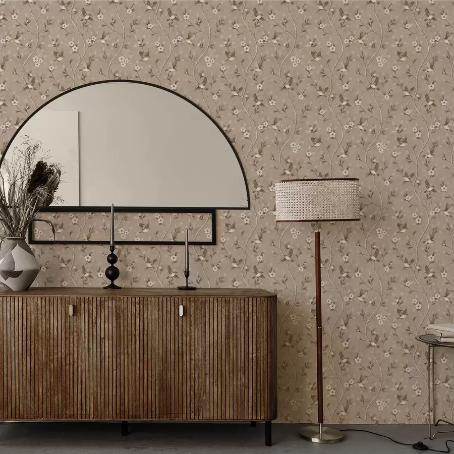 Papier peint Oiseaux et branches fleuries dans des tons sépia chauds a00882